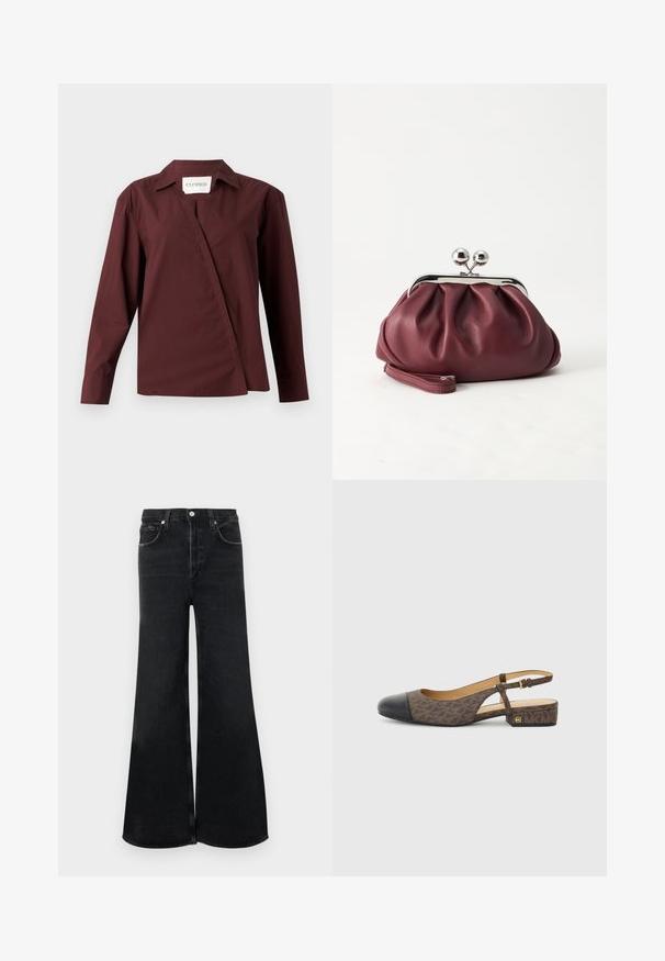 CLOSED ASYMMETRIC SHIRT - Chemisier - dark raisin red; Jean large noir en denim, doté d'une taille haute, d'un design classique à cinq poches et d'une fermeture par bouton à l'avant.; Chaussure slingback avec une tige en tissu à motifs marron et un bout en cuir noir. Elle présente un petit talon bloc et une sangle à boucle.; Petit sac pochette en cuir bordeaux avec fermoir métallique argenté et bracelet sur fond blanc.