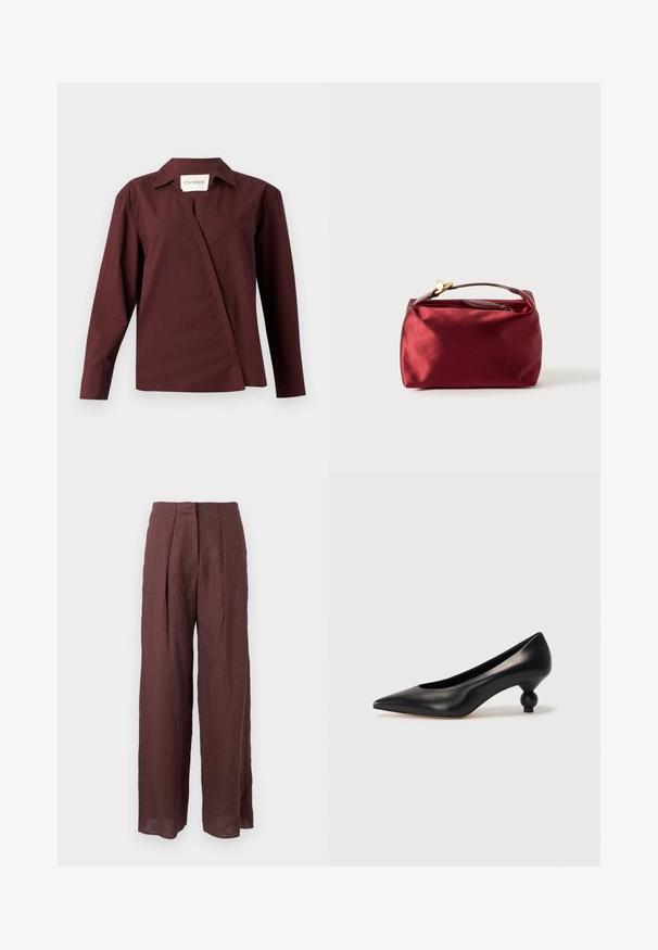 CLOSED ASYMMETRIC SHIRT - Skjortebluser - dark raisin red; Mørkebrune bukser med høj talje, brede ben, forreste plisseringer og struktureret talje, lavet af letvægtsstof.; Sort læder høje hæle med spids tå og rund, kugleformet hæl. Glat tekstur med et stilrent, minimalistisk design.; Burgunderfarvet satin kosmetikpung med rektangulær form, lynlåslukning og et kort håndtag. Har et minimalistisk design og en glat tekstur.