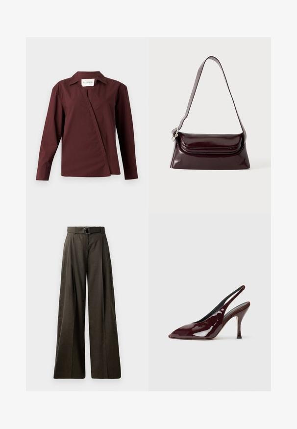 CLOSED ASYMMETRIC SHIRT - Chemisier - dark raisin red; Pantalons taille haute à jambe large en tissu marron foncé avec une texture lisse. Comprend une ceinture assortie avec une boucle circulaire et un design plissé.; NEOUS HAMAL - Escarpins à talons hauts - dark chocolate; Sac à bandoulière en cuir bordeaux foncé avec fermeture à rabat et une fine sangle réglable, présenté sur un fond clair uni.