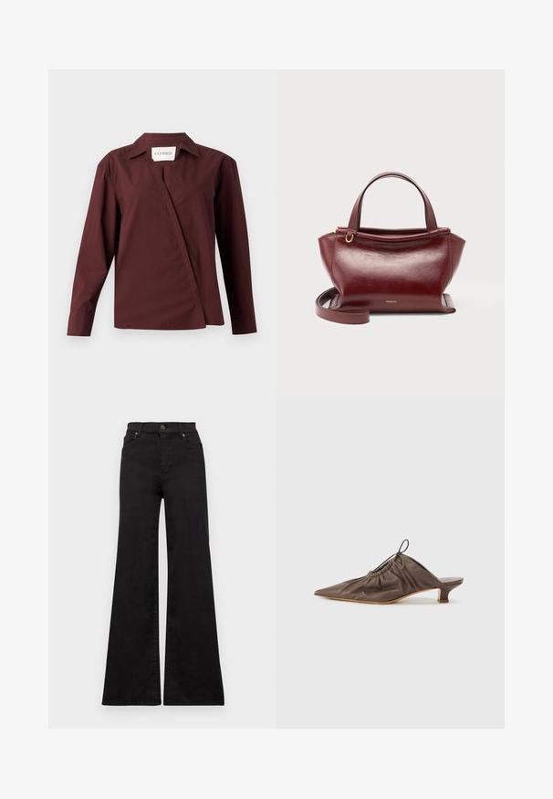 CLOSED ASYMMETRIC SHIRT - Chemisier - dark raisin red; Jean flare noir en denim avec taille haute, présentant des poches avant et des garnitures métalliques sur le bouton et les rivets.; Mule en cuir marron avec un bout pointu, texture froncée, petit talon et un accent de cordon de serrage à l'ouverture. Fini lisse.; Sac à main en cuir rouge foncé avec doubles poignées supérieures, bandoulière amovible, ferrures dorées et nom de la marque Wandler au centre avant.
