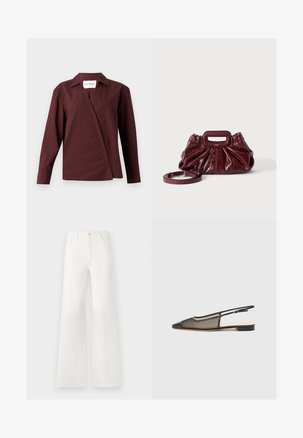 CLOSED ASYMMETRIC SHIRT - Blúzka so zapínaním na gombíky - dark raisin red; Biele, vysoko pásové široké nohavice vyrobené z denimu. Obsahujú gombíkovú zatváranie, dve predné vrecká a bočné švy s detailmi šitia.; Čierne a zlaté sandále so špičatou špičkou, sieťovinovým dizajnom a plochou podrážkou. Obsahujú tenký remienok okolo členku s kruhovou prackou ako akcentom.; Malá tmavočervená kožená kabelka so zhromaždenou textúrou, obdĺžnikovým výrezom na rukoväti a odnímateľným ramenným popruhom na bielom pozadí.