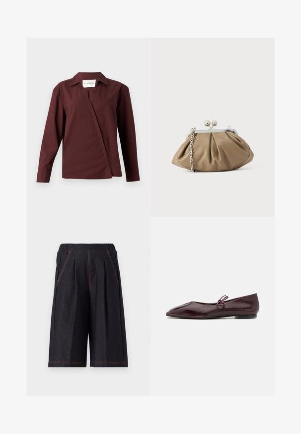 CLOSED ASYMMETRIC SHIRT - Overhemdblouse - dark raisin red; Donkergrijze shorts van zacht materiaal, met plooien en oranje stikselaccenten. Elastische tailleband voor comfort, knielange pasvorm.; Ballerina's in bordeaux patenta leder met een spitse neus en een decoratieve paarse strik op de wreef; ontwerp met platte zool.; Leren clutch in zacht beige met een afgeronde vorm, geplooide textuur, zilveren kiss-lock sluiting en een afneembare kettingriem.