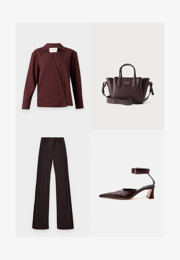 CLOSED ASYMMETRIC SHIRT - Chemisier - dark raisin red; Pantalons larges en tissu sombre, présentant une texture lisse, des passants de ceinture et un pli avant, avec un design épuré et sans ornements.; Chaussure à talon haut en cuir brun foncé à bout pointu avec une bride à la cheville et une boucle argentée sur un fond clair.; Sac à main en cuir marron foncé avec doubles poignées, bandoulière réglable et plaque logo dorée au centre avant.
