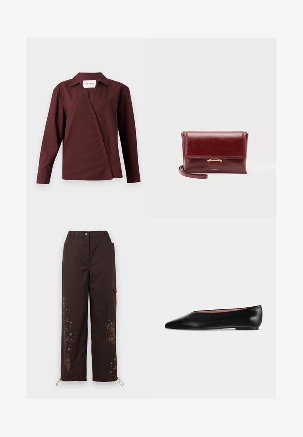 CLOSED ASYMMETRIC SHIRT - Chemisier - dark raisin red; Pantalons larges bruns avec des motifs brodés d'étoiles et de poissons. Comprend une taille élastique, deux poches latérales et des liens réglables aux chevilles.; Chaussure plate en cuir noir pour femme, avec bout pointu et petit talon, vue de côté sur un fond gris clair uni.; Petit sac pochette en cuir bordeaux avec fermeture à rabat, accent doré et bracelet poignet, posé sur un fond uni.