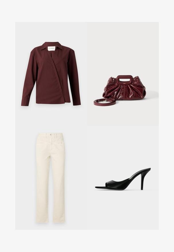CLOSED ASYMMETRIC SHIRT - Skjortebluser - dark raisin red; Beige bomuldsbukser med lige ben, featuring en knaplukning og diskrete frontlommer. Nederkanten har en let opfriskning.; Sort læder åben tå højhælet mule med en slank stilet hæl, vist i sideprofil på en ensfarvet baggrund.; Lille mørkerød læderhåndtaske med opsamlet struktur, rektangulært håndudskåret håndtag og aftagelig skulderrem på hvid baggrund.