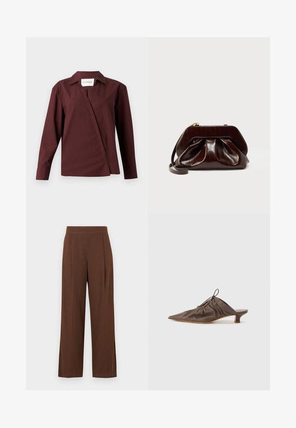 CLOSED ASYMMETRIC SHIRT - Chemisier - dark raisin red; Pantalon marron à jambes larges avec une texture lisse, présentant un devant plat et des plis. La taille est élastiquée pour le confort et l'ajustement.; Mule en cuir marron avec un bout pointu, texture froncée, petit talon et un accent de cordon de serrage à l'ouverture. Fini lisse.; Pochette en cuir brillant marron foncé avec un design plissé et une fine lanière pour poignet sur fond blanc.