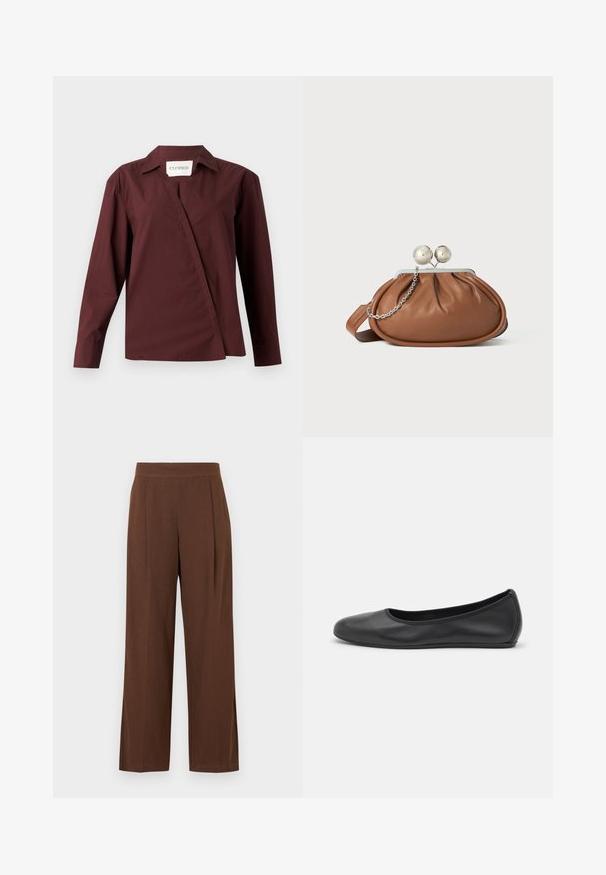 CLOSED ASYMMETRIC SHIRT - Chemisier - dark raisin red; Pantalon marron à jambes larges avec une texture lisse, présentant un devant plat et des plis. La taille est élastiquée pour le confort et l'ajustement.; Ballerines en cuir noir avec un bout rond, texture lisse, détails de couture minimalistes et design de semelle flexible.; Pochette en cuir marron avec un fermoir à boule en argent et un petit détail en chaîne argentée sur fond blanc.