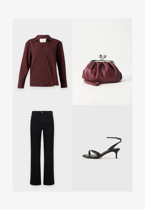 CLOSED ASYMMETRIC SHIRT - Hemdbluse - dark raisin red; Schwarze Jeans aus Denim mit hoher Taille, geradem Bein, fünf Taschen und einem Knopfverschluss vorne. Glatte Textur, minimale Details.; Schwarze Ledersandale für Damen mit dünnen Riemchen, einer Zehenlasche, einer Knöchelschnalle und einem mittelhohen Stöckelabsatz vor neutralem Hintergrund.; Kleine burgunderrote Lederclutch mit silbernem Metallverschluss und Handgelenksriemen auf weißem Hintergrund.