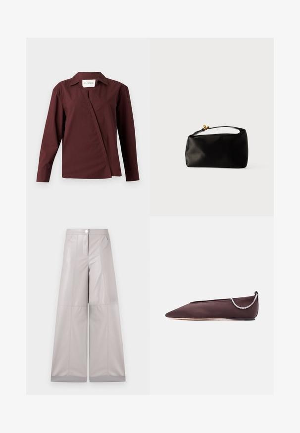 CLOSED ASYMMETRIC SHIRT - Blúzka so zapínaním na gombíky - dark raisin red; Široké nohavice v svetlošedej umelej koži, s predným zapínaním na gombík, dvoma bočnými vreckami a švovými detailmi pre zvýšenie textúry.; Tmavohnedá balerína so špičatou špičkou, nízkym podpätkom a detailom zo striebornej retiazky s kryštálmi na zadnej strane.; Čierna saténová taška v tvare guľatého pohlavia, s hornou rúčkou a zlatým zapínaním. Hladký povrch s minimalistickým dizajnom.