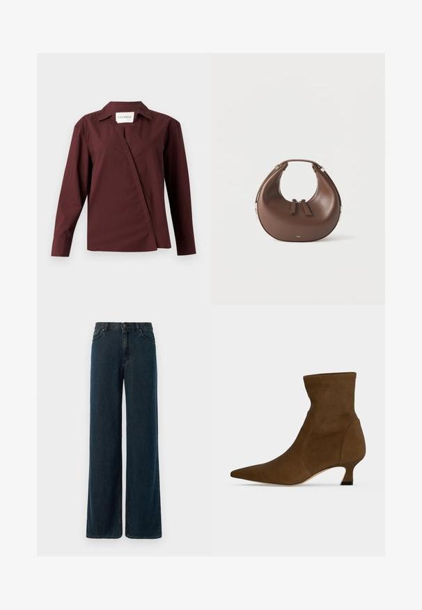 CLOSED ASYMMETRIC SHIRT - Skjortebluser - dark raisin red; Bredde ben mørkeblå denimjeans med høj talje, fem-lomme design og subtile stikninger. Stof har en glat tekstur.; Brun ankelstøvle med spids tå og lav kitten hæl, lavet af glat materiale, vist mod en ensfarvet baggrund.; Brun læderhåndtaske i halvmåneform med en øverste hank og to lynlås-dragere på en hvid baggrund.
