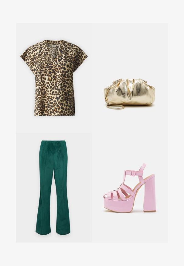 Blusa de manga corta con estampado de leopardo en beige, marrón y negro. Diseño con escote en V, con textura sutil y corte holgado, confeccionada en una tela ligera.; Pantalones acampanados de pana verde con cinturilla elástica y textura de canalé vertical. Presenta un corte recto desde la cintura hasta el dobladillo.; Madden Girl CRANE - Sandalias de tacón - pink; Bolso de mano metálico dorado con una textura arrugada, forma redondeada suave y una correa de cadena desmontable. Presenta un diseño fruncido en la parte superior.