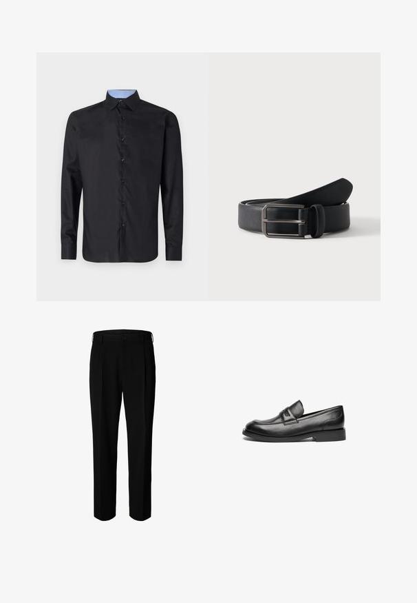 Schwarzes Langarmhemd aus glattem Stoff, mit durchgehender Knopfleiste, spitzem Kragen und einem hellblauen karierten Innenkragen.; Schwarze formelle Hose mit Gürtelschlaufen, Frontknopf und Reißverschluss, vor weißem Hintergrund dargestellt.; Schwarze Lederloafers verfügen über eine abgerundete Zehenpartie, eine genähte Naht über der Oberseite und eine flache Gummisohle. Glatte Oberfläche ohne sichtbare Muster.; Schwarzer Ledergürtel, zusammengerollt mit rechteckiger silberner Metallschnalle auf schlicht hellem Hintergrund.