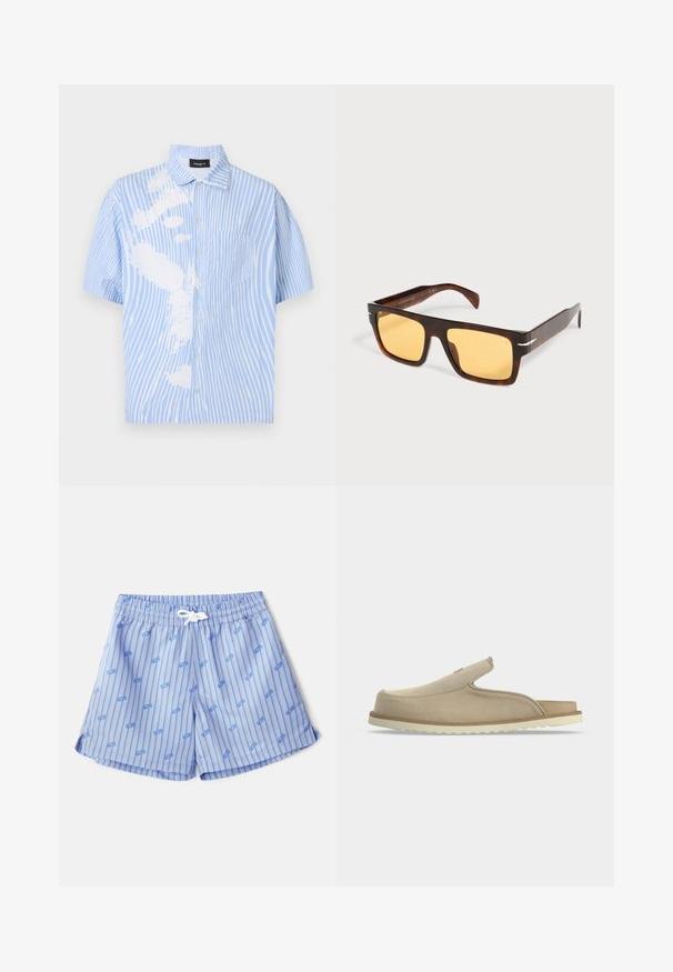 Chemise à manches courtes rayée bleu clair et blanche, avec col, poche poitrine et motif graphique abstrait d’une main blanche sur le côté gauche.; Maillots de bain bleu clair avec des rayures verticales blanches et de petits logos bleus. Comprend une taille élastique avec un cordon de serrage blanc et des fentes latérales.; Sandale beige à enfiler avec bout fermé, talon ouvert, dessus en suédine souple et semelle en caoutchouc blanche texturée, montrée de profil sur fond blanc.; Lunettes de soleil rectangulaires en écaille avec de larges montures et des verres teintés jaunes sur fond blanc.