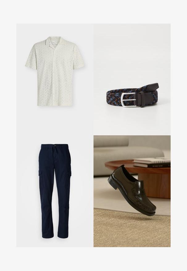 Chemise blanche à manches courtes avec petits pois sombres et col camp, présentée sur un fond clair uni.; Pantalons cargo bleu marine en tissu durable, dotés de deux poches latérales et d'une taille à cordon de serrage pour un ajustement réglable.; Mocassin en cuir noir à enfiler flottant au-dessus d'un tapis beige tissé avec une table basse en bois et des livres en arrière-plan.; Ceinture tissée en tissu noir, bleu et brun avec une boucle en métal argenté et des accents en cuir brun. Texture plate, design flexible.