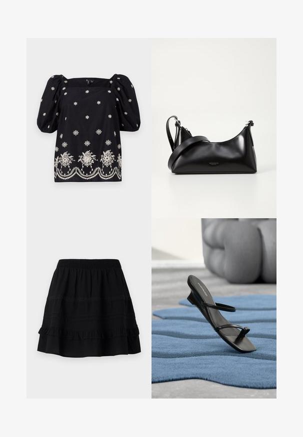 Blusa negra de corte holgado con mangas abullonadas. Presenta bordados florales blancos y un ribete decorativo en la parte inferior. Escote cuadrado.; Falda de algodón negra con un diseño de volantes en capas, que presenta una cintura elástica y adornos de costuras en contraste y bandas de encaje.; Sandalia negra con tiras y lazo para el dedo en una alfombra texturizada azul, con un gran objeto decorativo gris desenfocado en el fondo.; Bolso de mano de cuero negro con una textura suave. Cuenta con una correa ajustable y un diseño elegante y minimalista con cierre de cremallera.