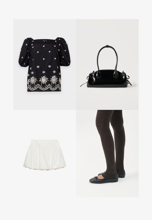 Blouse noire à coupe ample avec des manches bouffantes. Présente une broderie florale blanche et une bordure décorative le long du bas. Encolure carrée.; Jupe ballon blanche avec une large ceinture et un tissu froncé créant une silhouette gonflée.; Jambes portant des leggings côtelés foncés associés à des ballerines noires avec de petits détails en nœud sur fond blanc.; Petit sac à main noir brillant avec deux longues anses et des détails à cordon sur les côtés sur un fond clair uni.