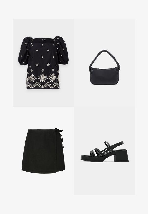 Blusa negra de corte holgado con mangas abullonadas. Presenta bordados florales blancos y un ribete decorativo en la parte inferior. Escote cuadrado.; Falda envolvente negra de algodón con cierre de lazo, de corte recto y dobladillo a mitad del muslo. Presenta una textura suave y un diseño minimalista.; Sandalias negras de tacón con múltiples tiras delgadas y un tacón ancho. Diseño elegante con una textura mate. La plantilla tiene una leve curvatura.; Bolso negro de forma redondeada, hecho de material liso. Presenta un asa trenzada y un cierre de cremallera para un almacenamiento seguro.