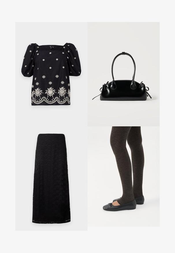 Schwarze, lockere Bluse mit Puffärmeln. Verfügt über weiße Blumenstickerei und dekorative Trimmung am Saum. Quadrat-Ausschnitt.; Schwarzer Spitzen-Midi-Rock mit floralem Muster, gerader Schnitt und subtiler Textur, vor einem schlichten weißen Hintergrund präsentiert.; Beine in dunklen, gerippten Leggings kombiniert mit schwarzen Ballerinas mit kleinen Schleifendetails auf weißem Hintergrund.; Kleine schwarze glänzende Handtasche mit zwei langen Griffen und seitlichen Kordelzug-Details vor einfachem hellem Hintergrund.