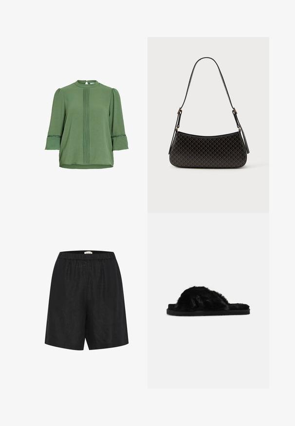 Blouse verte avec des plis verticaux sur le devant, manches 3/4 avec bordure en dentelle au-dessus des poignets évasés, et petite fermeture par bouton au dos.; Shorts noirs à coupe ample avec taille élastique, longueur mi-cuisse, en tissu léger.; Sandales glissantes noires en fourrure avec une texture douce, un design à bout ouvert et une semelle noire plate. Pas de matériel ou de motifs visibles.; Sac à main noir à motif géométrique avec une forme incurvée, une texture lisse et une longue sangle réglable ; présente des accents en métal doré.