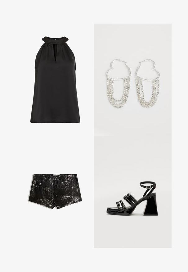 Schwarzes ärmelloses Oberteil mit hohem Kragen und Schlitzöffnung, aus glattem Stoff gefertigt, mit lässiger Passform und ohne sichtbare Muster.; Schwarze Pailletten-Shorts mit körperbetontem Design. Enthält schimmernde Pailletten, glatte Textur und einen Bund für einen sicheren Sitz.; Schwarze Lackleder-Pumps mit einem Quadratzehen, mehrfacher Riemen-Design, verstellbarem Knöchelriemen und einem klobigen geometrischen Absatz.; Silberne Creolen in Herzform, verziert mit herabhängenden Strängen aus klaren Strasssteinen für zusätzlichen Glanz und Textur.