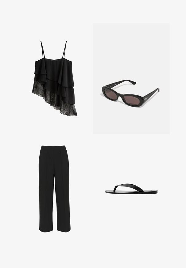 Top caraco noir asymétrique à couches avec bretelles fines réglables et détails en dentelle à l'ourlet.; Pantalons larges noirs avec une taille plate, comportant des plis à l'avant et une texture lisse. Pas de poches ni de matériel visible.; Sandale plate noire style flip-flop avec une fine bride en Y et une semelle lisse, vue de côté sur fond blanc.; Lunettes de soleil noires avec des montures ovales, des verres teintés foncés et "vogue" imprimé en blanc sur les branches extérieures. Matériau en plastique lisse.