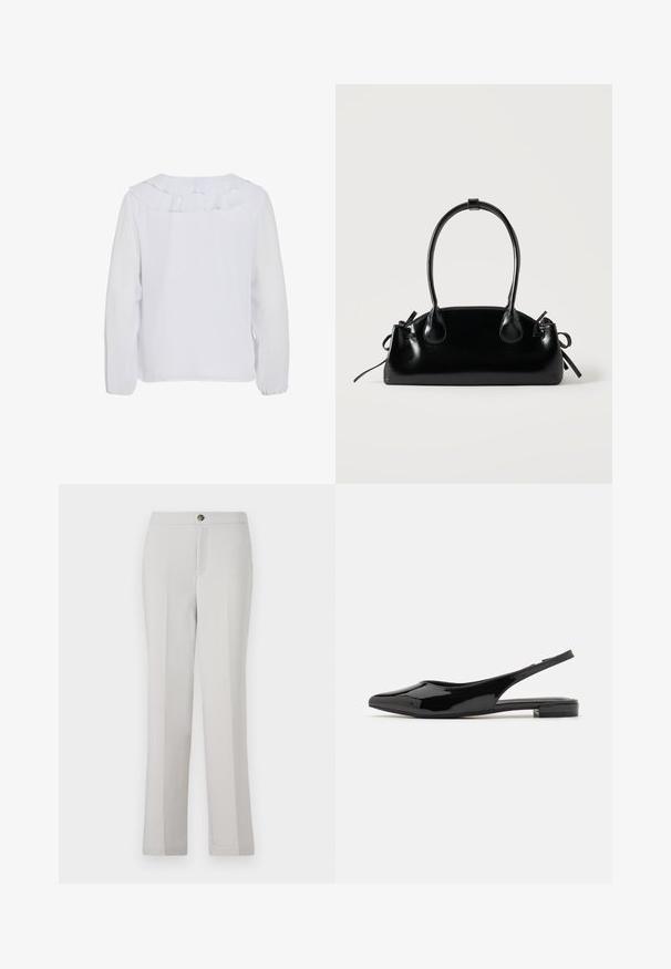 Blusa blanca de manga larga con cuello con volantes, textura lisa y puños elásticos. Diseño simple y limpio, adecuado para diversas ocasiones.; Pantalones rectos de color gris claro, confeccionados en una tela suave, que presentan un cierre frontal con botón, bolsillos laterales y un corte entallado.; Zapatos de charol negro tipo slingback con puntera afilada y tacón bajo. Textura suave, diseño minimalista, parte trasera abierta y silueta elegante.; Pequeño bolso negro brillante con dos asas largas y detalles de cordón lateral sobre un fondo claro liso.