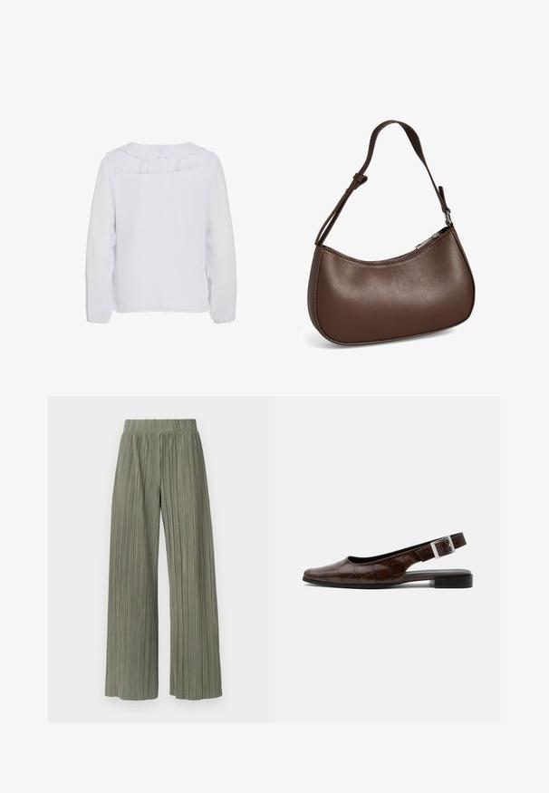 Blouse blanche à manches longues avec un col à volants, texture lisse et poignets élastiqués. Design simple et épuré, adapté à diverses occasions.; Pantalons larges plissés verts avec une taille élastique, présentant des plis verticaux et une texture douce. Le tissu a une apparence lisse et fluide.; Chaussure plate slingback en cuir marron foncé avec bout carré, texture crocodile et boucle argentée sur la bride.; Petit sac bandoulière en cuir marron avec sangle réglable et fermeture éclair, présenté sur fond blanc. Aucun logo ou décoration visible.
