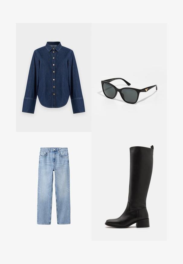 Chemise en denim à manches longues, col avec col, boutons dorés et ourlet incurvé. Présente des coutures contrastées et une couleur bleue classique.; Jean en denim bleu clair avec une coupe droite, cinq poches, des surpiqûres contrastantes et une fermeture classique par bouton et fermeture éclair.; Botte noire montée à hauteur de genou en cuir lisse avec un talon blocs, une pointe arrondie et un design élégant sans embellissement.; Lunettes de soleil noires avec un design en contour, verres teintés gris, et accents triangulaires dorés sur les branches. Fabriquées en plastique brillant.
