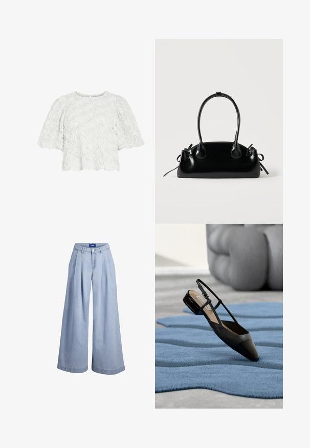 Blouse blanche à manches courtes avec motifs floraux de roses texturés, col rond et ourlet festonné.; Pantalon en denim bleu clair à jambes larges avec plis à l'avant, fermeture par boutons et étiquette JJXX sur la ceinture intérieure.; Chaussure à bride arrière en cuir verni noir avec un petit talon bloc reposant sur un tapis bleu texturé à motifs ondulés et un mobilier gris rembourré.; Petit sac à main noir brillant avec deux longues anses et des détails à cordon sur les côtés sur un fond clair uni.