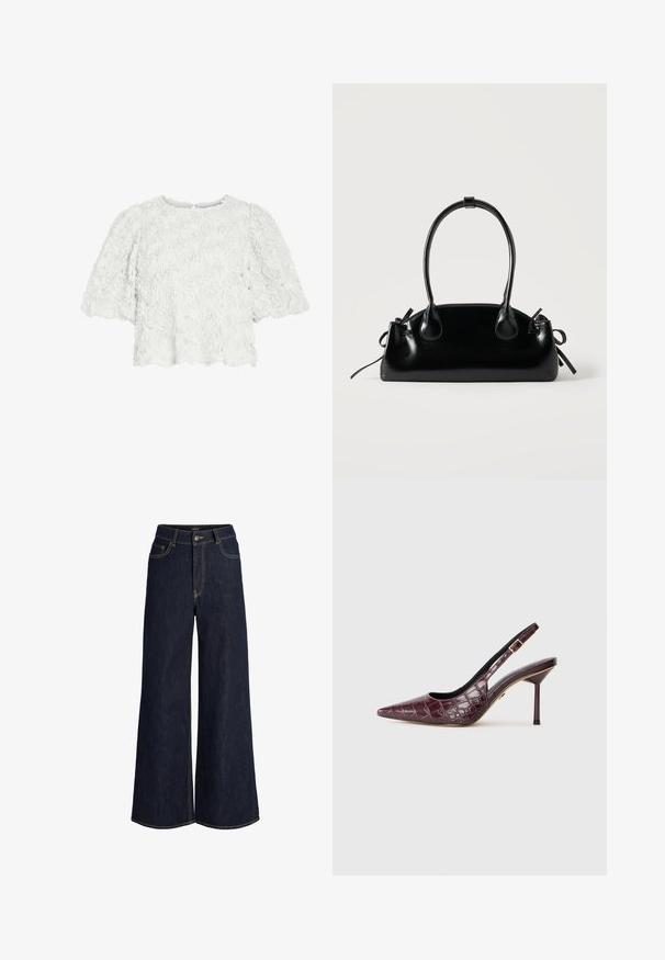 Weiße Bluse mit kurzen Ärmeln, strukturierten Rosenblumenmustern, rundem Ausschnitt und wellenförmigem Saum.; Dunkelblaue Jeans mit weitem Bein, vorne mit Knopf und Reißverschluss, vorderen und Münztaschen sowie sichtbaren Kontrastnähten.; Bordeauxfarbene, spitz zulaufende Slingback-Absätze mit Krokodilprägung, dünnem Absatz und seitlichem Schnallen-Detail. Glatte Innenauskleidung.; Kleine schwarze glänzende Handtasche mit zwei langen Griffen und seitlichen Kordelzug-Details vor einfachem hellem Hintergrund.