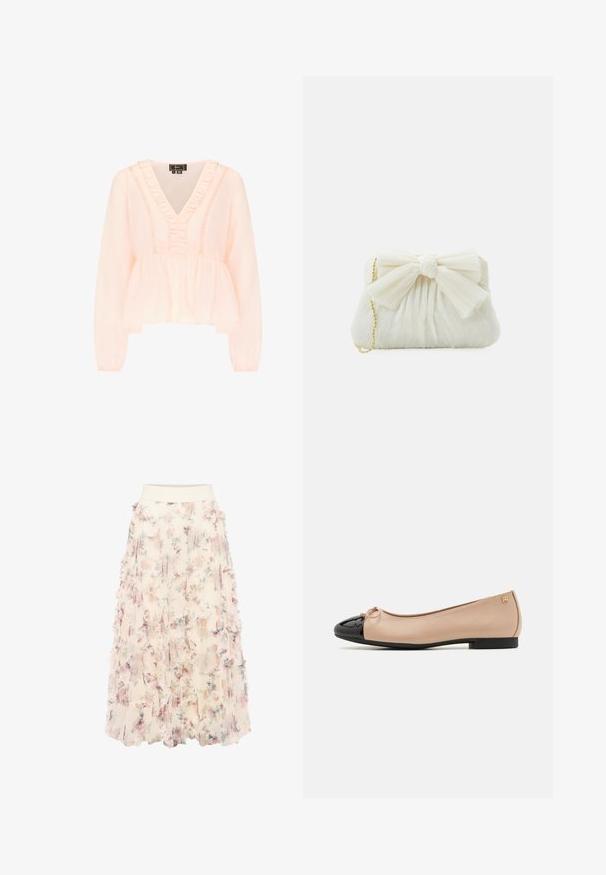 Hellrosa Langarmbluse mit gerüschtem V-Ausschnitt, Spitzenbesatz und einer gerafften Taille, die einen Peplum-Saum bildet.; zero MIT BLUMENPRINT - A-Linien-Rock - cream pink; Balletschuhe mit einem beigefarbenen Satin-Obermaterial, einer schwarzen Lackleder-Zehenkappe, einer kleinen Schleifenverzierung an der Vorderseite und einem niedrigen schwarzen Absatz.; Weißes, gefaltetes Clutch-Case mit einem auffälligen Schleifendetail und einem goldenen Kettenriemen. Weiche Textur mit einem gerafften Design auf der Vorderseite.