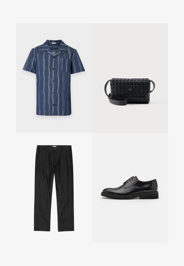 Chemise à manches courtes en tissu bleu foncé à rayures verticales blanches. Elle présente un col cranté et une poche poitrine, fermée par des boutons noirs.; Pantalon droit pour homme noir avec bouton à l'avant, braguette à glissière et poches latérales, présenté à plat sur fond blanc.; Chaussure habillée en cuir noir avec un bout arrondi, cinq œillets pour les lacets, une texture lisse et une semelle en caoutchouc basse.; Sac bandoulière noir texturé avec une fermeture à rabat et un petit logo en métal sur le devant, présenté sur un fond uni.