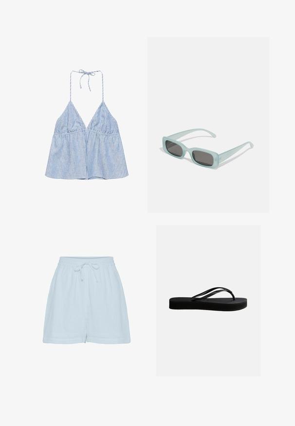 Blauw-wit verticaal gestreept haltertopje met diepe V-hals en striksluiting bij de hals, mouwloos en losvallend.; Lichtblauwe katoenen shorts met een relaxte pasvorm, elastische tailleband en verstelbaar trekkoord. Beschikt over een zachte, gestructureerde stof en zijnaad.; Zwarte rubberen teenslipper met gestructureerd zool en Y-vormige band, zijaanzicht op een effen lichte achtergrond.; Een paar rechthoekige zonnebrillen met lichtblauwe doorzichtige monturen en donkergrijze glazen, met rechte pootjes en minimale hardwaredetails.