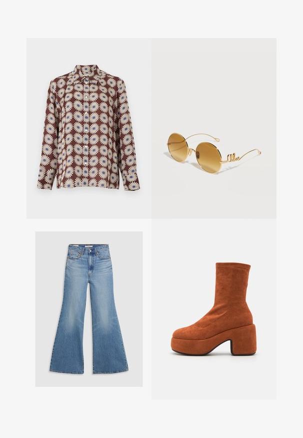 Brun skjorte med lange ærmer og hvide marguritmønstre med blå centre, knaplukning foran og spids krave.; Lysvasket denim flared jeans med høj talje, frontlommer og bronze hardware. Stoffet har en falmet tekstur med en glat finish.; Brune ruskind ankelstøvler med blokhæl og platformssål. Overdelen har en glat tekstur og syninger, der strækker sig til midten af læggen.; Runde solbriller med guldfarvet stel, brune tonede linser og tynde stænger med en dekorativ kursiv "like" detalje på hver side.