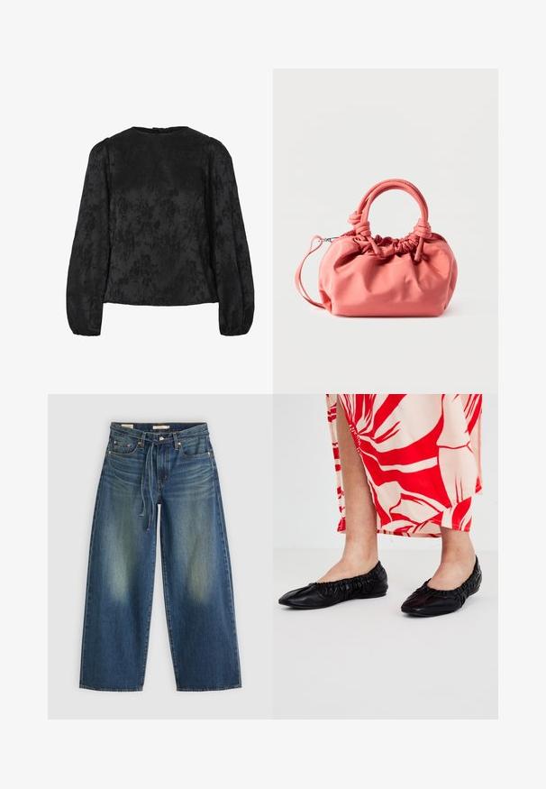 Sort bluse med lange puffede ærmer, der har et tekstureret blomstermønster. Rund halsudskæring med en knaplukning bagpå.; Denim brede benjeans i mørkeblå med en falmet finish, der har en snørebåndsvidde og fem lomme-design.; Sorte læder balletflade med samlet elastisk kant, præget af en spids tådesign. Accepteret af en rød og cremefarvet mønstret kjole.; Korallrosa håndtaske med et blødt, samlet design, der har et knyttet dobbelt håndtag og en justerbar rem for alsidighed. Glat stoftekstur.