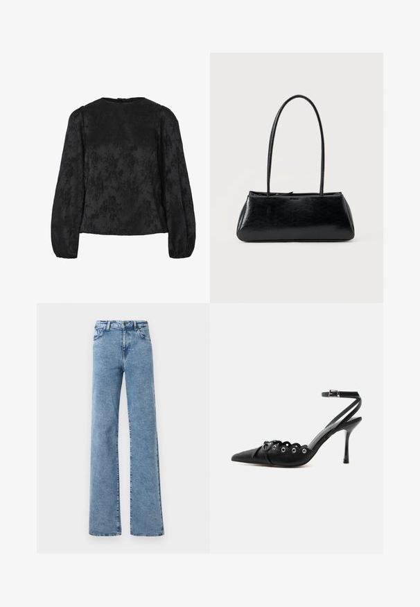 Sort bluse med lange puffede ærmer, der har et tekstureret blomstermønster. Rund halsudskæring med en knaplukning bagpå.; Noisy May Straight fit NMYOLANDA - Wide leg - medium blue denim; Sort spids hæl med bølgede kanter, metaløjer, snørelukning foran og ankelrem med spænde.; Sort rektangulær skuldertaske med lange tynde stropper og en glat, blank tekstur på en ensfarvet baggrund.