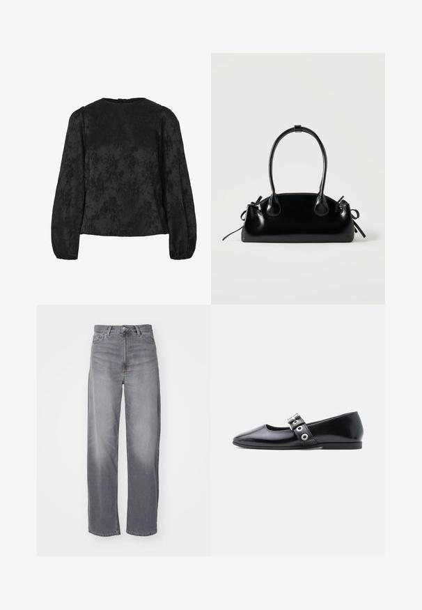 Sort bluse med lange puffede ærmer, der har et tekstureret blomstermønster. Rund halsudskæring med en knaplukning bagpå.; Weekday RAIL MID LOOSE STRAIGHT - Jeans Straight Leg - misty grey; Sort laklæder flad sko med firkantet tå, sidespænde detalje og en lav, rund hæl. Glat tekstur og minimalistisk design.; Lille sort blank håndtaske med to lange håndtag og snøre-detaljer i siden på en ensfarvet lys baggrund.