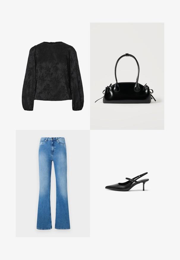 Sort bluse med lange puffede ærmer, der har et tekstureret blomstermønster. Rund halsudskæring med en knaplukning bagpå.; Lysblå flagrende jeans lavet af denim. Har klassisk fem-lomme design, knaplukning og en falmet finish mod bunden.; Sorte læder slingback hæle med spids tå, slank justerbar rem og en stiletto hæl på cirka 5 cm, glat tekstur.; Lille sort blank håndtaske med to lange håndtag og snøre-detaljer i siden på en ensfarvet lys baggrund.