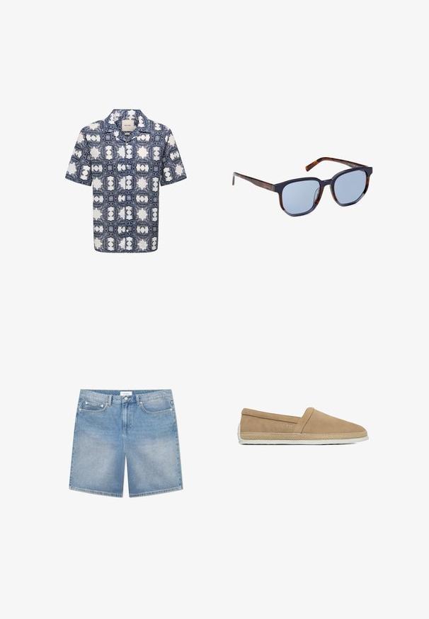 Kortærmet knap-op skjorte med mørkeblå og hvidt indviklet geometrisk og paisley mønster.; Lysblå denimshorts med lige snit, fem lommer, let slidtage og en mærkebetegnelse på waistbandet. Bomuldsstof med klassisk syning.; Beige slip-on afslappet sko med ruskindsoverdel, flettet jutebiste rundt om sålen og hvid gummisål.; Rektangulære solbriller med en mørk skildpaddemønstret ramme og blå linser. Har en kontrasterende solid marineblå brow og slanke stænger.