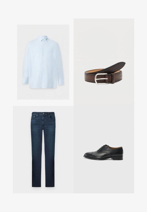 Hellblaues Langarmhemd mit Knöpfen, Brusttasche und blau besticktem Text auf der rechten Seite des Kragens.; Dunkelblaue Denim-Jeans mit geradem Bein-Design, klassischer Fünf-Taschen-Anordnung und Metallknopfverschluss. Glatte Textur.; Schwarze Lederoberlederschuhe mit glatter Oberfläche, abgerundetem Zeh, fünf Ösen für die Schnürsenkel und niedrigem Blockabsatz. Minimalistisches Design mit feinen Nähten.; Dunkelbrauner Ledergürtel, zusammengerollt, mit silberner rechteckiger Schnalle auf weißem Hintergrund.