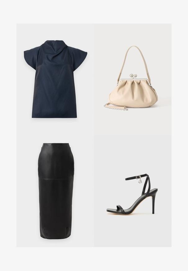 Haut bleu marine avec un col haut, des manches courtes évasées et un dos délicatement drapé. Tissu lisse avec un léger éclat et sans attaches visibles.; Jupe midi en cuir noir avec une silhouette ajustée, texture lisse, taille haute et fermeture éclair discrète sur le côté. Aucun motif ni accent.; Sandale à talon haut noire avec une bride étroite à la cheville, bout carré, cuir lisse et accent de boucle métallique.; Sac à main en cuir souple beige avec un fermoir en métal argenté, une bandoulière simple et une bandoulière chaîne optionnelle sur fond blanc.