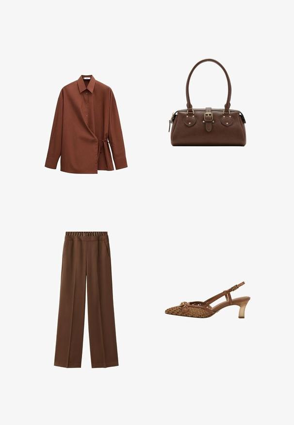 Chemise marron à manches longues avec col pointu, boutons sur le devant et détail de ceinture nouée côté droit.; Pantalon marron droit avec poches latérales et ceinture élastique rayée, coupé pour une coupe décontractée.; Chaussure slingback tissée marron avec un bout pointu, des fines lanières, un accent de boucle décorative et un talon transparent de hauteur moyenne.; Sac à main en cuir marron avec deux poignées, une sangle centrale à boucle et des ferrures dorées, présenté sur fond blanc.