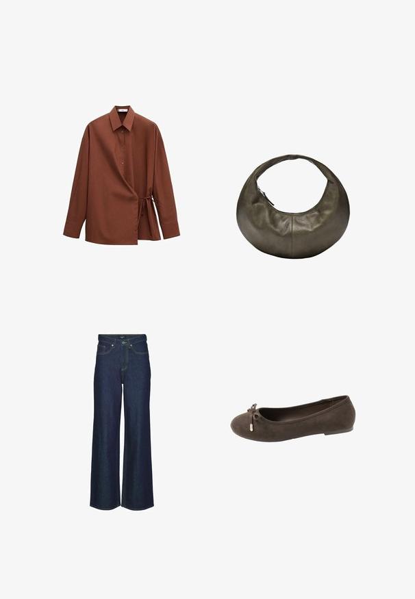Brun langærmet skjorte med spids krave, knapper forrest og detalje med bindebånd på højre side.; Mørk denim brede bukser med høj talje, prydet med syninger, bæltestropper og forlommer. Glat tekstur, klassisk design.; Brun ruskinds flats balletsko med rund tå og lille sløjfe med metalliske ender foran, lav hæl, side view på hvid baggrund.; Mørk olivengrøn læderhåndtaske i halvmåneform med en enkelt lynlåslukning langs den øverste kant og et kort håndtag.