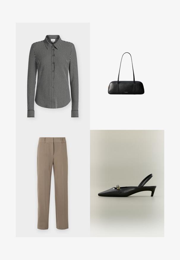 Chemise à rayures verticales noires et blanches, à manches longues, boutonnée, avec col et manches à boutons, vue de face sur un fond uni.; Pantalon kaki droit avec passants de ceinture et fermeture éclair frontale sur fond blanc.; Escarpin slingback en cuir noir avec talon kitten, bout pointu et petite boucle dorée sur un fond uni.; Sac à main rectangulaire en cuir noir avec de longues lanières fines et un logo doré "Calvin Klein" au centre avant.