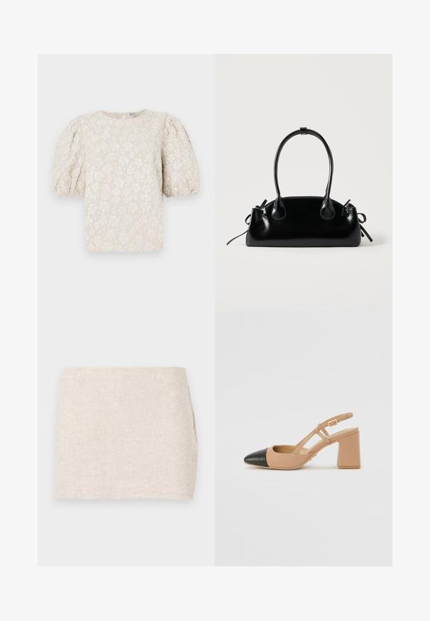 Beige blomsterbluse med pufærmer, tekstureret stof, subtil glans og rund udskæring. Har små hvide blomstermønstre over det hele.; Beige linnedyr med et minimalistisk design, der har en glat tekstur og en subtil vævning. Det har en lige, simpel skæring uden synlige lukninger.; Beige slingback sko med en sort spids tå, en firkantet høj hæl og to remdetaljer, fremstillet af et glat materiale.; Lille sort blank håndtaske med to lange håndtag og snøre-detaljer i siden på en ensfarvet lys baggrund.