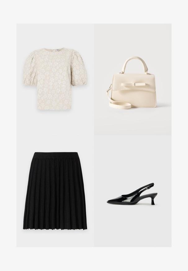 Beige bloes met bloemenprint, met pofmouwen, textuurstof, subtiele glans en een ronde halslijn. Bevat kleine witte bloemenpatronen door het hele kledingstuk.; Vero Moda Knitted VMMARINA Short - Minirok - black; Zwarte lakleren slingback schoenen met een spitse neus en een lage blokhak. Verstelbare gespband bij de enkel.; Kleine beige handtas met bovenhandvat, afneembare riem, voorflap en decoratieve horizontale strik op een effen achtergrond.