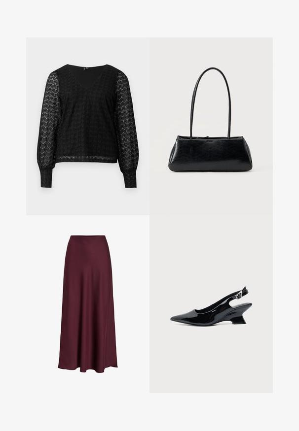 Blusa negra de encaje de manga larga con mangas semitransparentes con patrones y escote en V, exhibida sobre un fondo blanco liso.; Falda maxi de satén burdeos con una textura suave, cintura alta y una silueta ondulante que se abre suavemente hacia el dobladillo.; Zapato slingback de cuero charol negro con puntera puntiaguda y tacón bajo en bloque inclinado sobre fondo claro liso.; Bolso de hombro rectangular negro con correas largas y delgadas y una textura lisa y brillante sobre un fondo liso.
