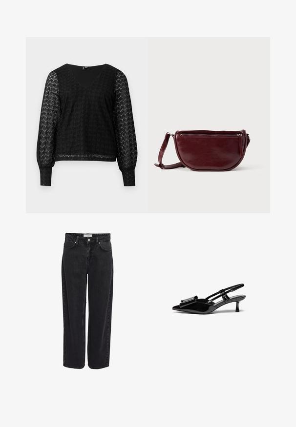Schwarze langärmlige Spitzenbluse mit semitransparenten, gemusterten Ärmeln und V-Ausschnitt, präsentiert auf einem schlichten weißen Hintergrund.; Schwarze Denim-Jeans mit weitem Bein und hoher Taille, fünf Taschen und Reißverschluss. Glatte Textur mit minimal sichtbaren Nähdetails.; Schwarze Lackleder-Slingbacks mit spitzer Zehenpartie, einer Schleifendetail an der Vorderseite und einem kleinen Stiletto-Absatz. Die Riemen haben verstellbare Schnallen.; Dunkelroter Lederhandtasche in halbmondförmiger Form mit Reißverschluss und abnehmbarem Tragegurt. Glatte Textur mit dezentem Glanz.