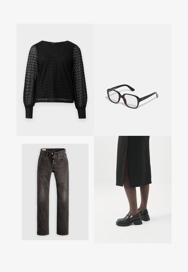 Schwarze langärmlige Spitzenbluse mit semitransparenten, gemusterten Ärmeln und V-Ausschnitt, präsentiert auf einem schlichten weißen Hintergrund.; Dunkelgraue gerade Jeans aus Denim, mit Knopfverschluss, Fünf-Taschen-Design und dezenten ausgewaschenen Details auf dem Stoff.; Frau trägt schwarze Loafers mit klobigem Absatz, schwarze transparente Strumpfhosen und einen schwarzen Rock mit Schlitz hinten vor weißem Hintergrund.; Schwarze rechteckige Brille mit klaren Gläsern, abgerundeten Kanten und seitlichen Akzenten, mit glänzender Oberfläche des Rahmens und der Bügel.