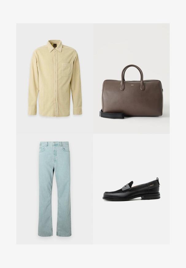 Chemise beige en velours côtelé à manches longues, avec boutons sur le devant, une poche poitrine unique et un col pointu sur fond clair.; Jeans en denim bleu clair avec une coupe droite, cinq poches et une fermeture à un bouton. Finition avec des détails de couture subtils.; Mocassin en cuir noir avec détail de bride grise, talon bas et semelle texturée, marqué "HUGO" en or sur le côté.; Sac de sport en cuir marron avec deux poignées, une bandoulière noire réglable et un petit logo "BOSS" au centre à l'avant.